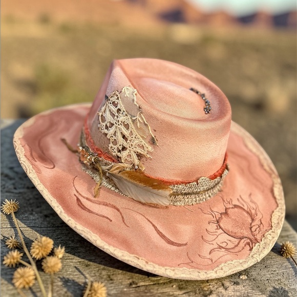 Dusty pink custom western cowgirl hat. Lace. Boho main image 4